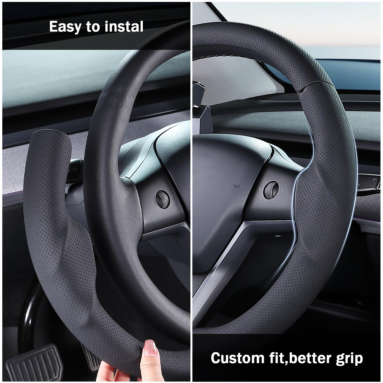 Funda de Volante para Tesla Model 3 2020-2024 Tesla Model Y 2017-2023, Funda de Cuero para Volante para Tesla Model 3/Y, Accesorios Color Negro | Funda de cuero para volante para Tesla Model 3/Y, accesorios color negro