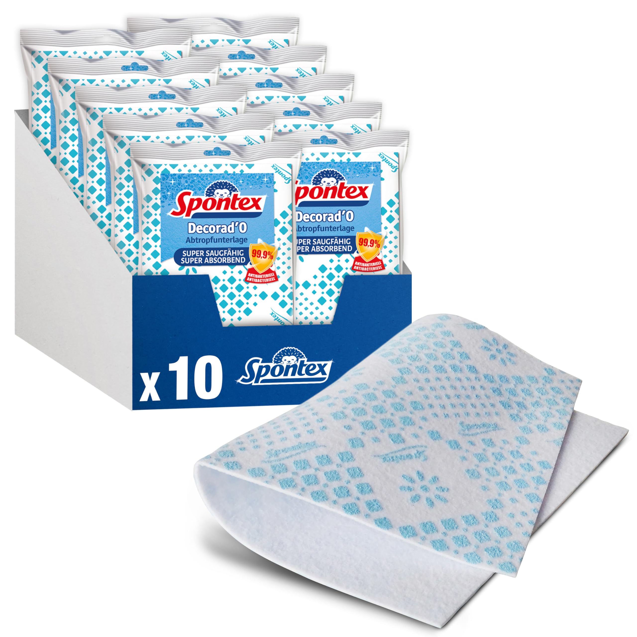 Spontex Abtropfunterlage Decorado, zum Trocknen von Geschirr und Gläsern, rutschfest und saugstark, waschbar, 30 x 45 cm, weiß/blau, 10 Stück