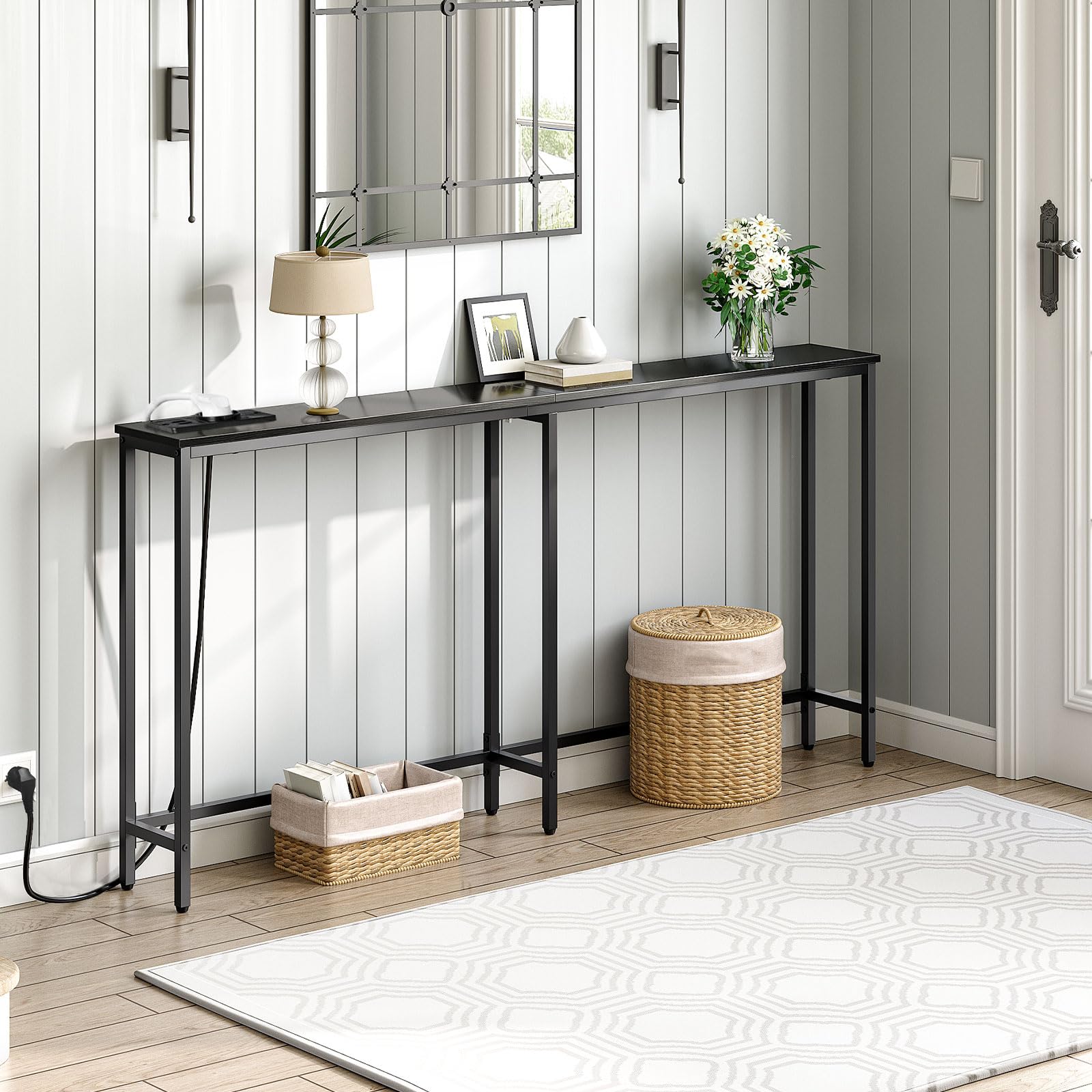 Konsolentisch 160 Cm Mit Steckdose & USB – Schmal, Braun/schwarz, 80 Cm Hoch, Für Flur Oder Wohnzimmer
