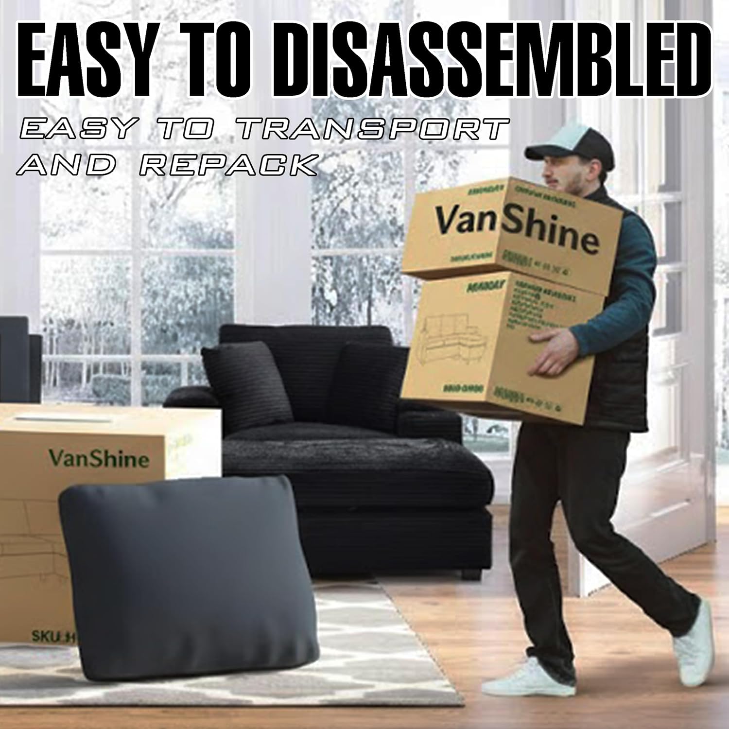 50''Oversized Chaise Lounge with Ottoman and Storage, Comfy Corduroy Sleeper Chair,Cup Holder, Deep Seat Upholstered Reading Chair, Living Room, Bedroom (Black, Single Person)