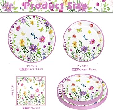 120 Pack Wildflower Party Supplies Floral Paper Plates and Napkins Spring Floral Baby Shower Birthday Tableware Decorations for Spring Picnic Wedding Tea Party Serves 40