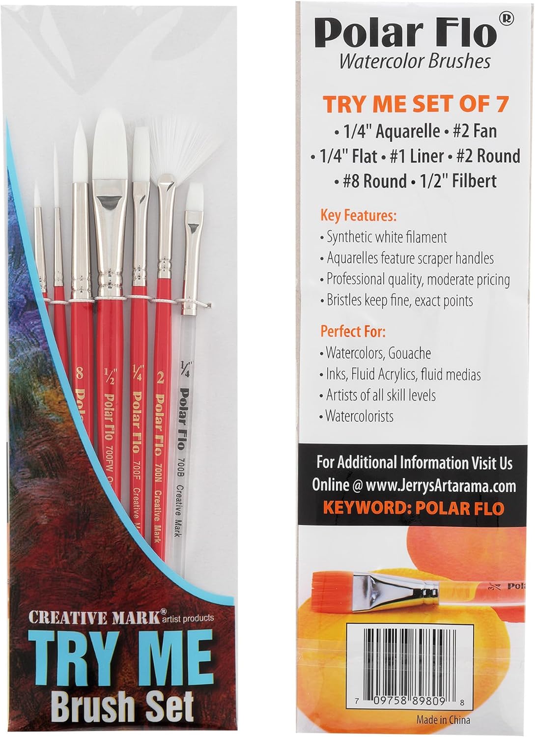 Creative Mark Polar Flo Professional Watercolor Brushes - Assorted Polar Flo-7 - Short Handle, Nickel-Plated Seamless Brass Ferrule - Art Paint Brushes for Acrylic Painting, Watercolor, Gouache