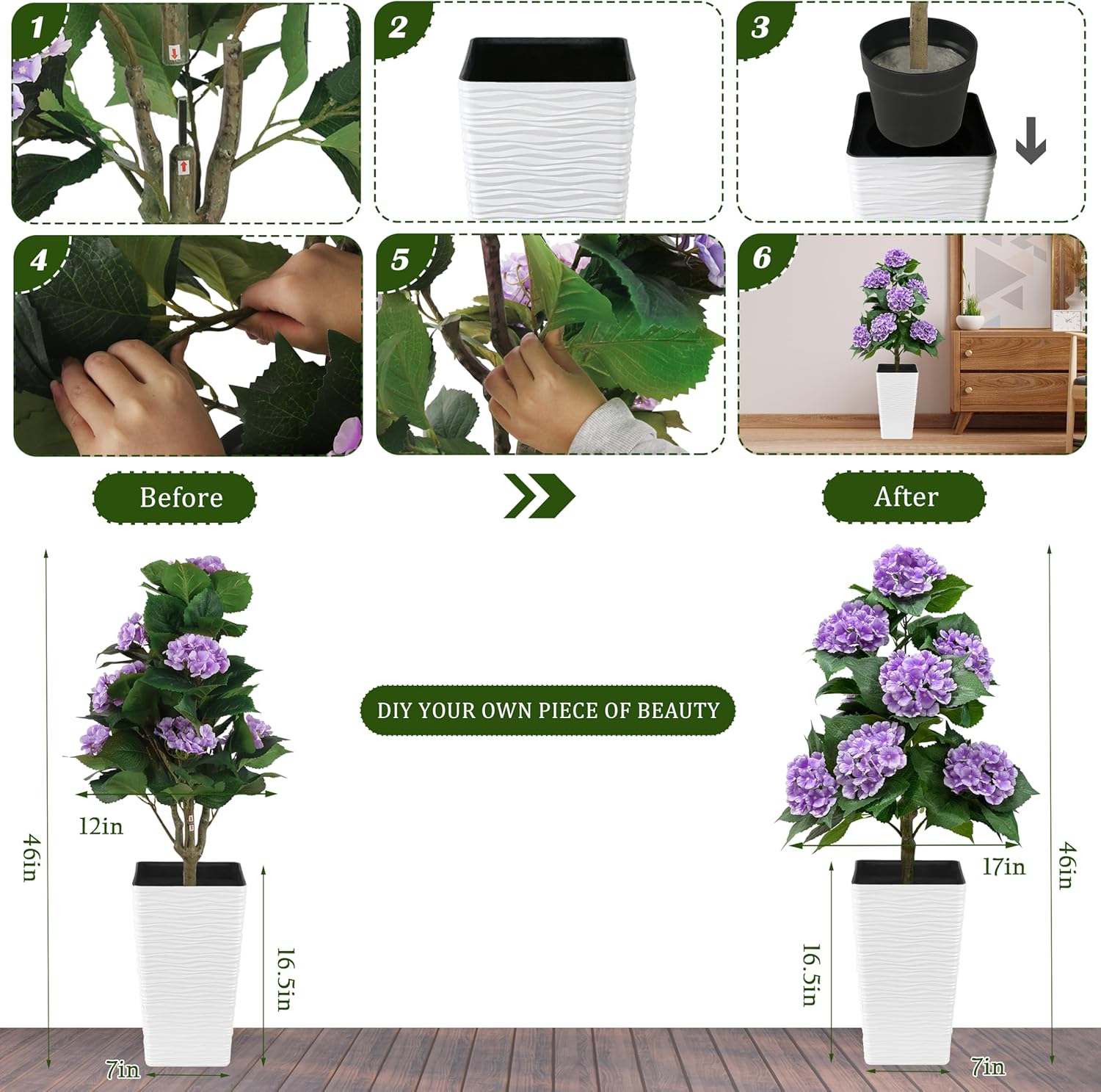 46 Inch Artificial Purple Hydrangea Tree, Fake Hydrangea Flower Tree with Planter, Decorative Topiary Plant, Cement Filled Potted Faux Plants for Porch Home Office Living Room Decor (Purple)