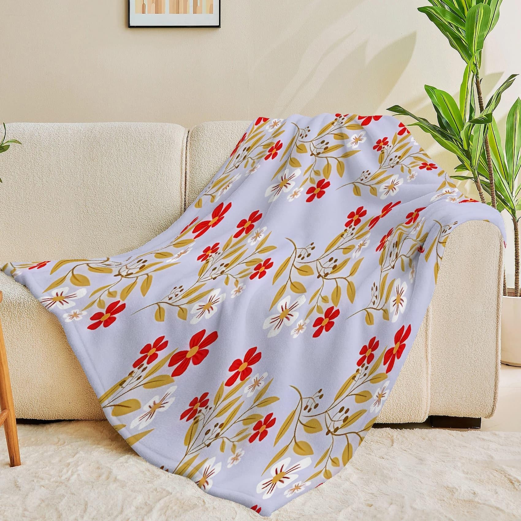 Czerwony i biały koc gałęzi w kwiaty świeżość retro koc polarowy flanelowy mikrofibra 180 x 220 cm, lekki, miękki, ciepły i wygodny, odpowiedni do sypialni i salonu