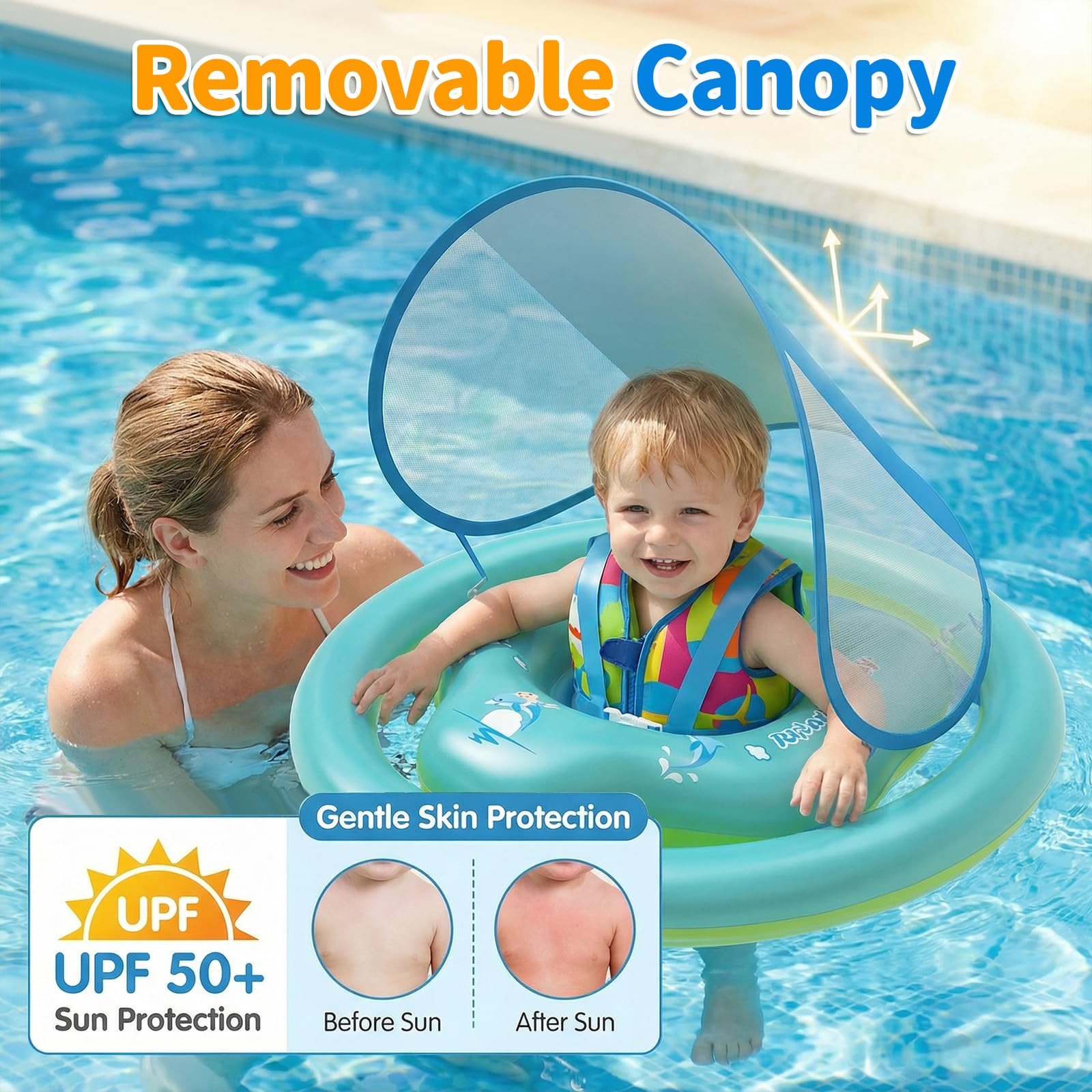 Flotador Bebe con Sombrilla Ninonly Flotador Niño Inflable de Doble Anillo Seguro con Protección UV 50+, Asiento Ergonómico para Piscina Bebe y Playa Ideal Piscina Niño de 6 a 36 Meses
