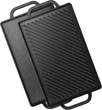 GFTIME Cast Iron Grill Plates 33 x 21 cm for Oven Stove & Grill Wood Charcoal Grill Cast Iron Reversible Grill Plates Cast Iron Grill Plate Cooking Grill & Grill Pan 2 in 1 Reversible Griddle Grill 1 Pack