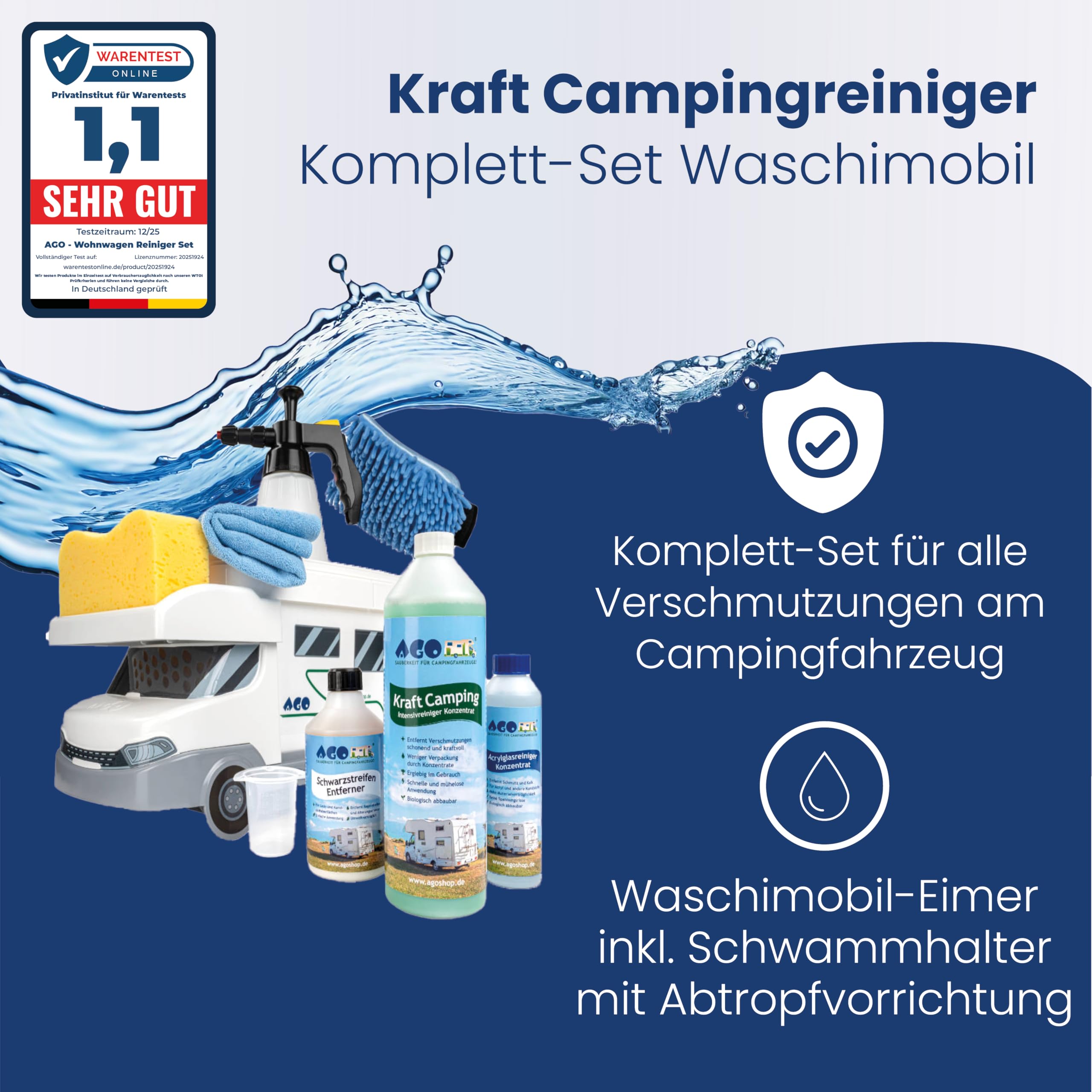 AGO Caravan Reiniger Komplett Set 9-teilig/Intensiv Wohnwagen Reiniger außen, Acrylglas Reiniger & Schwarzstreifen-Entferner/Inklusive Eimer und weiterem Putzzubehör
