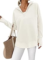 PRETTYGARDEN Women's Long Sleeve Quarter Zip Pullover Sweater - Loose V-Neck Collared Ribbed Knit with Thumb Holes, Casual Jumper Top