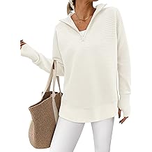 PRETTYGARDEN Womens Long Sleeve Quarter Zip Pullover Sweater Casual Loose V Neck Collared Ribbed Knit Jumper Tops Thumb Hole