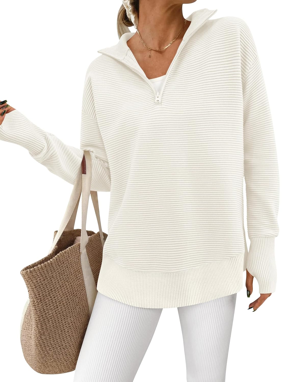 PRETTYGARDEN Womens Long Sleeve Quarter Zip Pullover Sweater Casual Loose V Neck Collared Ribbed Knit Jumper Tops Thumb