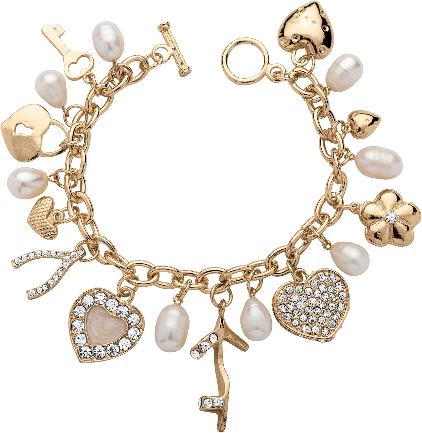 PalmBeach Goldtone Antiqued Round Crystal and Cultured Freshwater Pearl, Charm Bracelet (3mm), Toggle Clasp, 8 inches