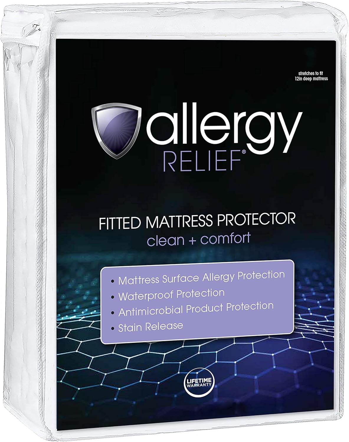 Allergy Relief Queen Waterproof Fitted Mattress Protector - Stain Release, Allergy Guard, Soft Knit Top, Fits 18" Deep