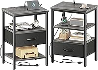 Vista 21 de SUPERJARE - Mesita de noche con estación de carga, con cajón de tela ajustable, para dormitorio, mesa auxiliar de almacenamiento de 3 niveles