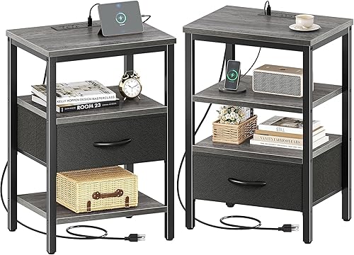 Miniatura 24 de SUPERJARE - Juego de 2 mesitas de noche con base de carga, cajón de tela ajustable, mesita de noche para dormitorio, de 3 niveles, para sala de café