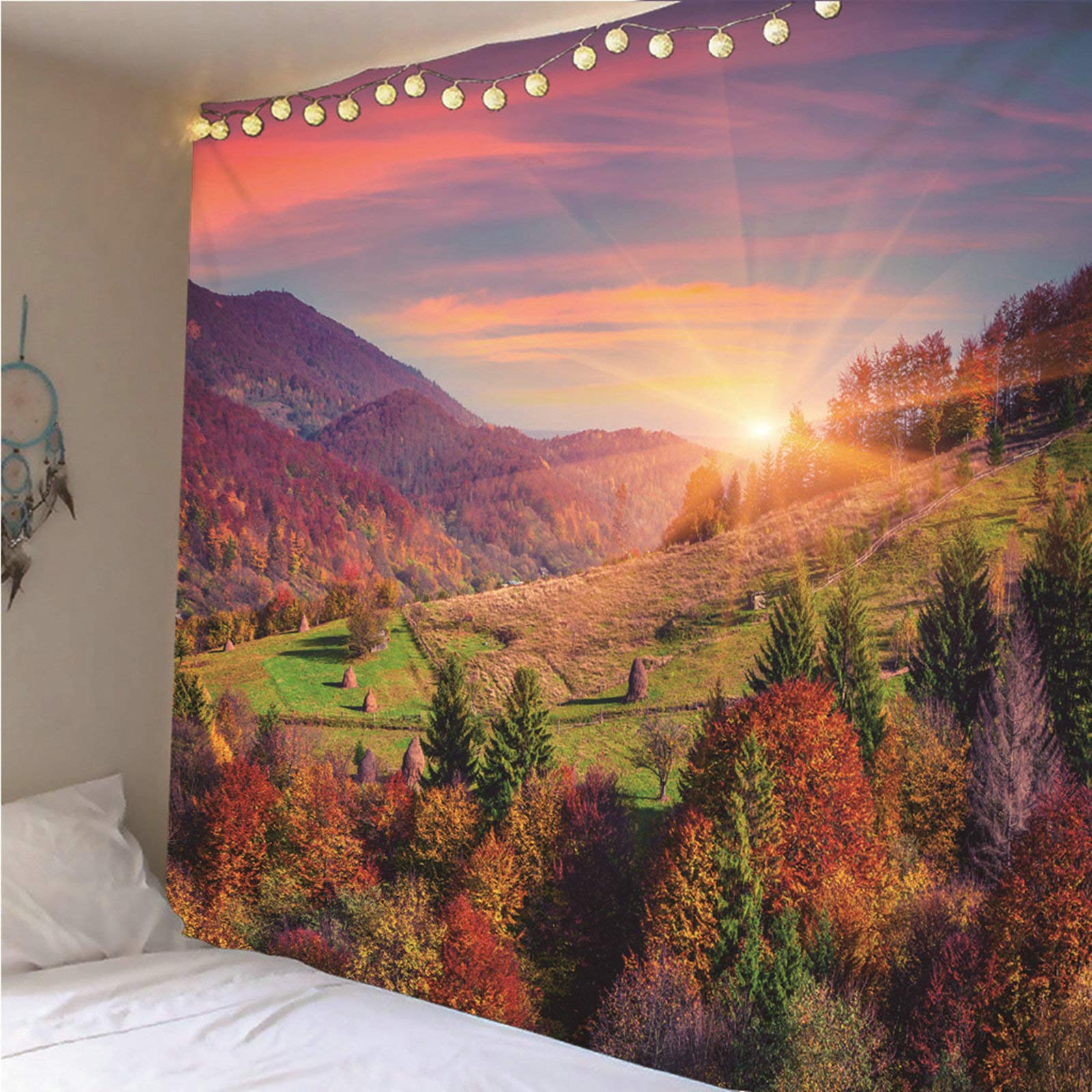 KnSam Dywan na ścianę, gobelin, ozdoba na ścianę, do salonu, dekoracja domu z poliestru, zachód słońca nad lasem górskim kolorowy 350 x 256 cm