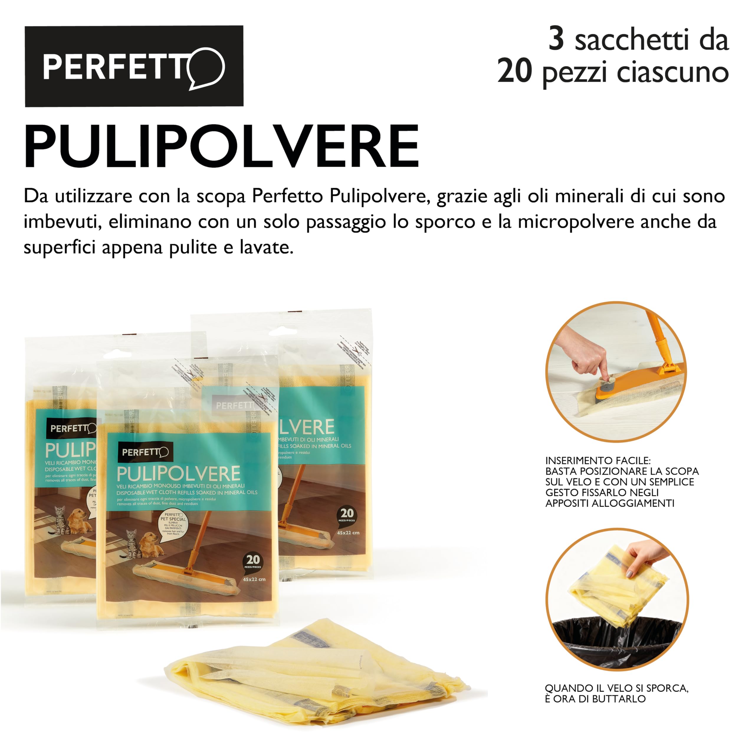 Perfetto Pulipolvere Confezione 3 Buste Ricambio da 20 Retine, 45 x 22 cm, Polipropilene, Giallo