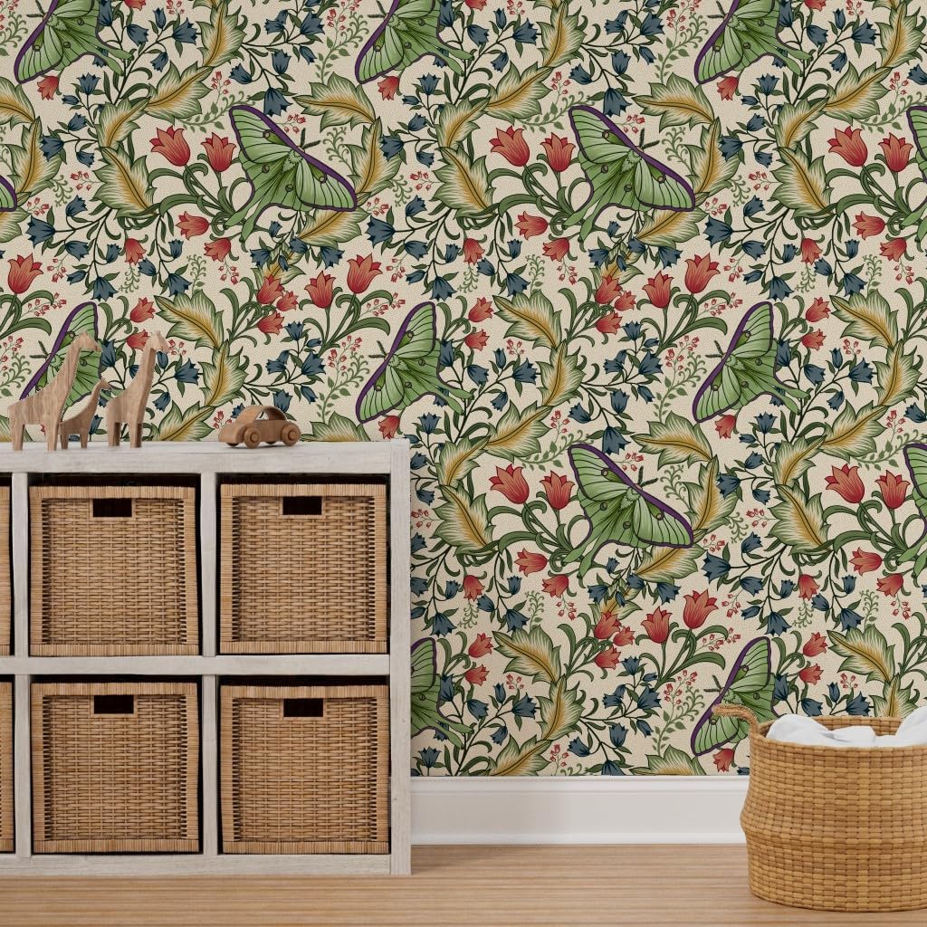 Peel & Stick Wallpaper 12ft x 2ft - Art Nouveau Moth Cream Moths Insects Victorian Arts Entomology Custom Removable Wallpaper by Spoonflower