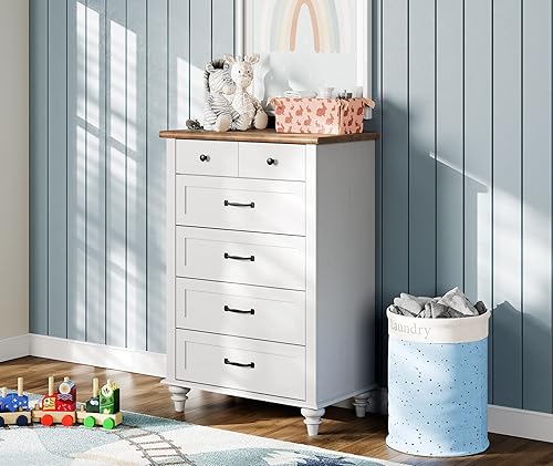 Miniatura 4 de WAMPAT Juego de tocador y mesita de noche de 3 piezas, cómoda blanca y cómoda con 5 cajones, juego moderno de mediados de siglo de 2 mesas