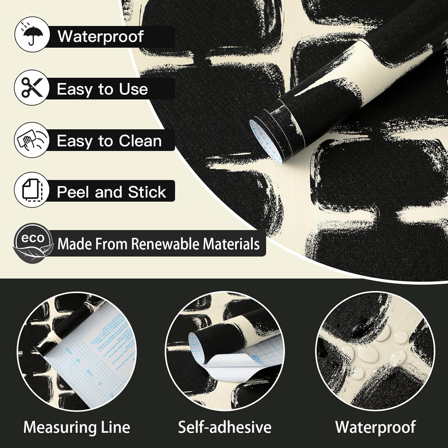 Safiyya 17.3"x393" Peel and Stick Wallpaper Black and Cream White Contact Paper Mid Century Modern Abstract Geometric Wall Paper Self Adhesive Removable Wallpaper for Bathroom and Bedroom Vinyl