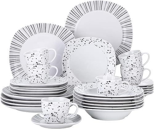 Miniatura 43 de VEWEET, Serie Fiona - Juego de vajilla de 30 piezas para 6 personas, blancos con rayas negras y grises, vajilla de porcelana de platos de postre