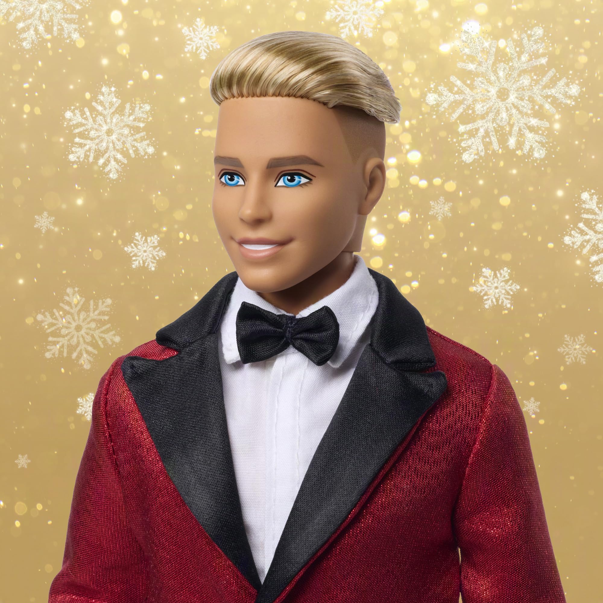 Barbie Signature 2026 Holiday Blonder Ken | Modepuppe zum Sammeln in komplettem Anzug mit roter Jacke in einer Verpackung zum Ausstellen und mit Puppenständer, JJX87
