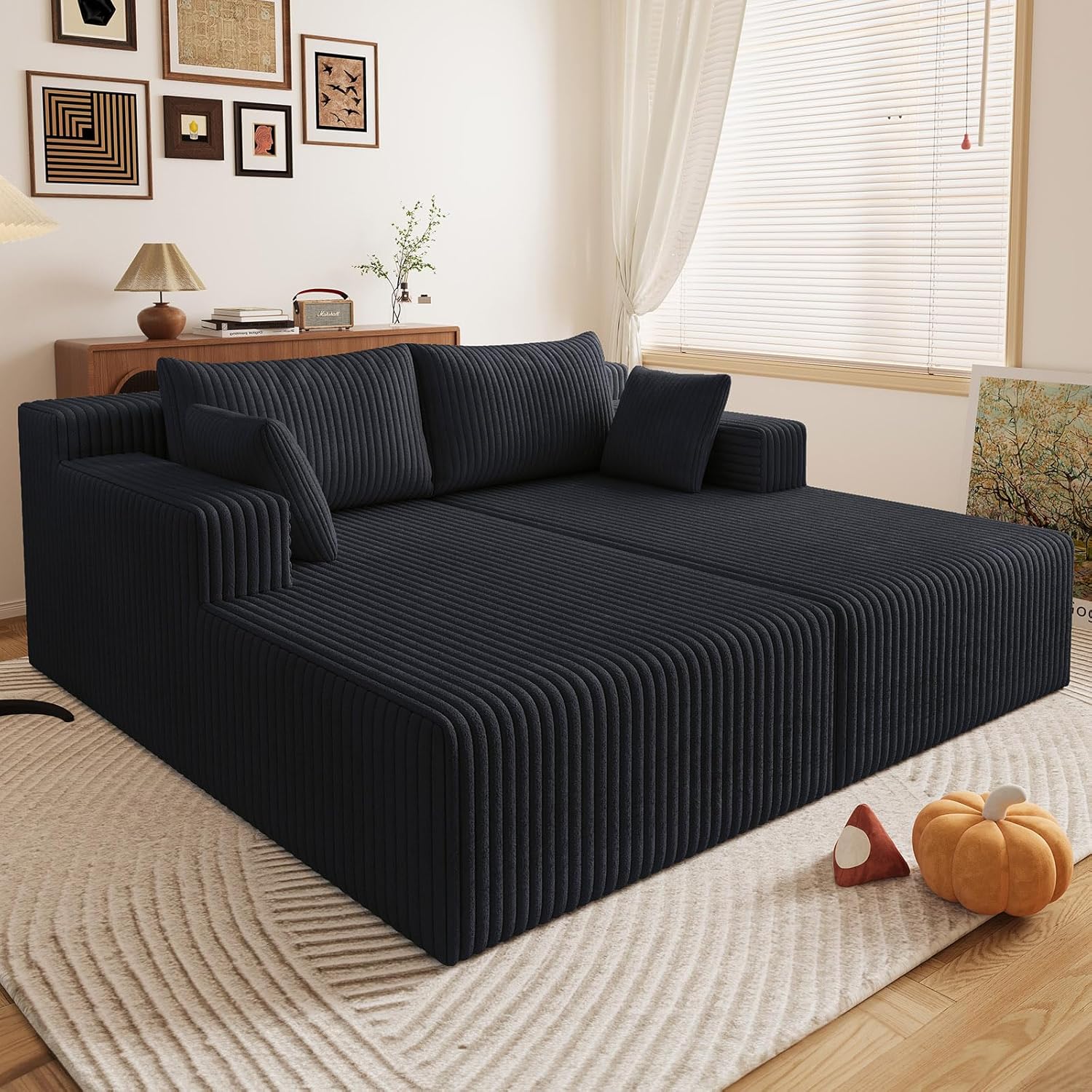 71"Oversized Chaise Lounge Chair,Sectional Double Lounge Chaise with Pillows, Upholstered Corduroy Boneless Lounge Chair, Fluffy Modern Loveseat Sleeper Sofa for Living Room or Bedroom (Black)