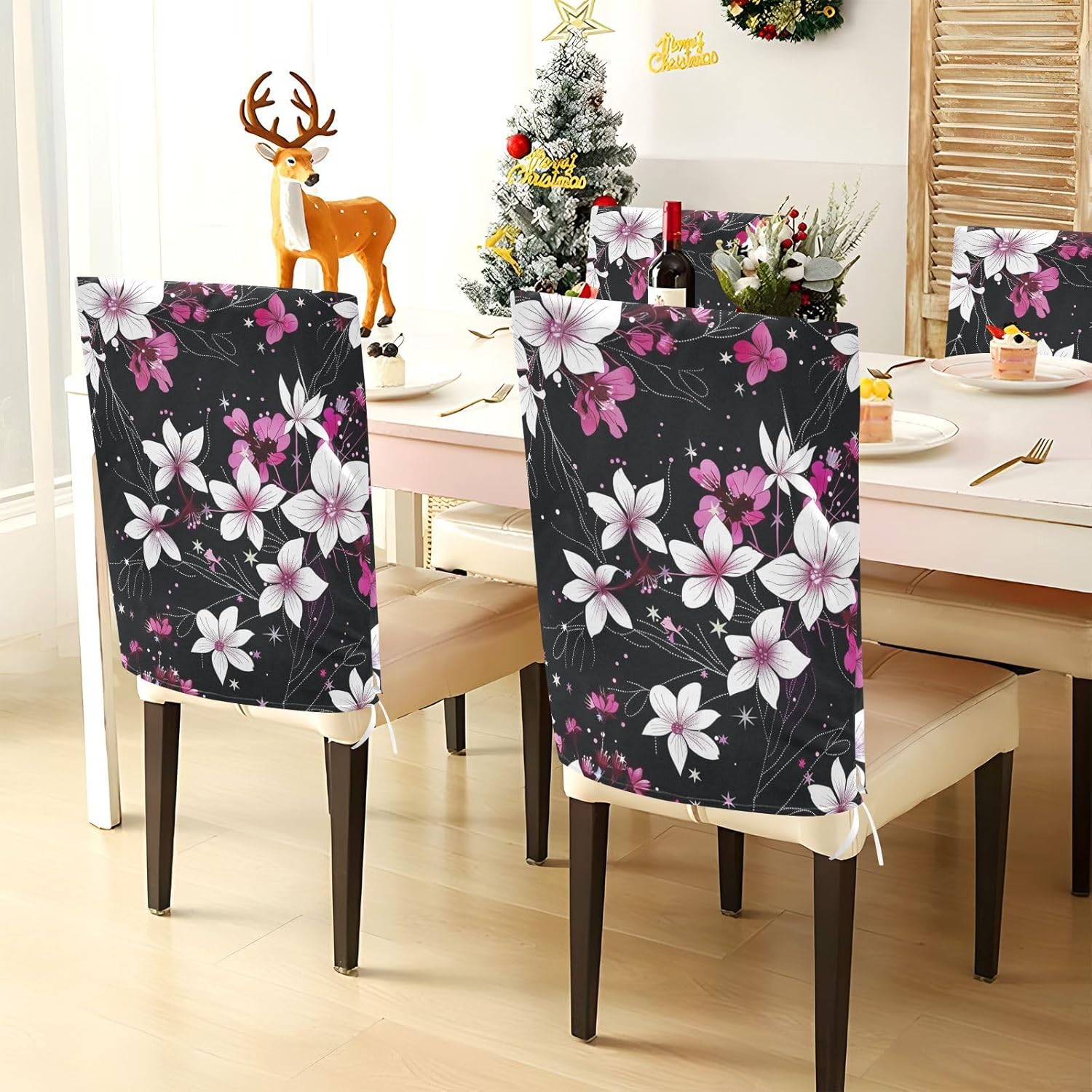 ALAZA Cherry Flowers Stars Chair Back Cover Set of 6, Washable Reusable Removable Chair Slipcovers Decorative Chair Cover for Home Kitchen Wedding Party