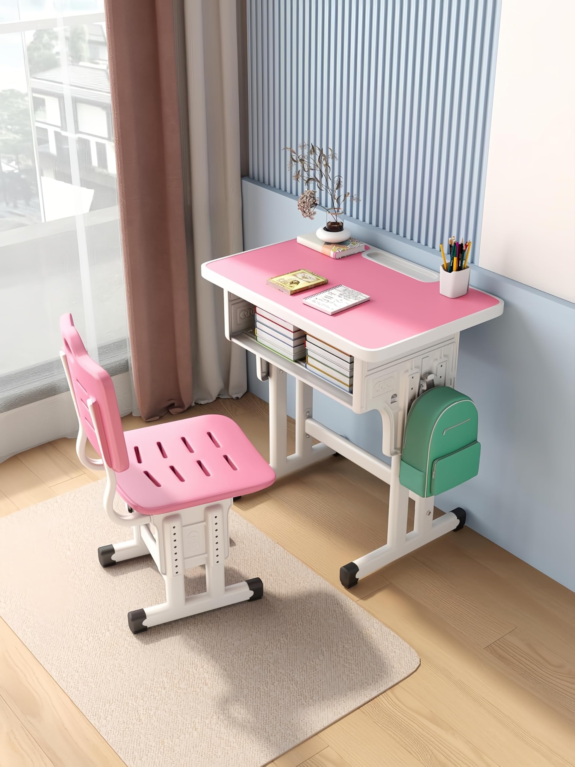 Adjustable Height Children Kids Study Desk and Chair Set,Multifunctional School Student Writing Desk Study Table and Chair Set with Storage Drawer, Sturdy Reading Chair Desk (Pink)