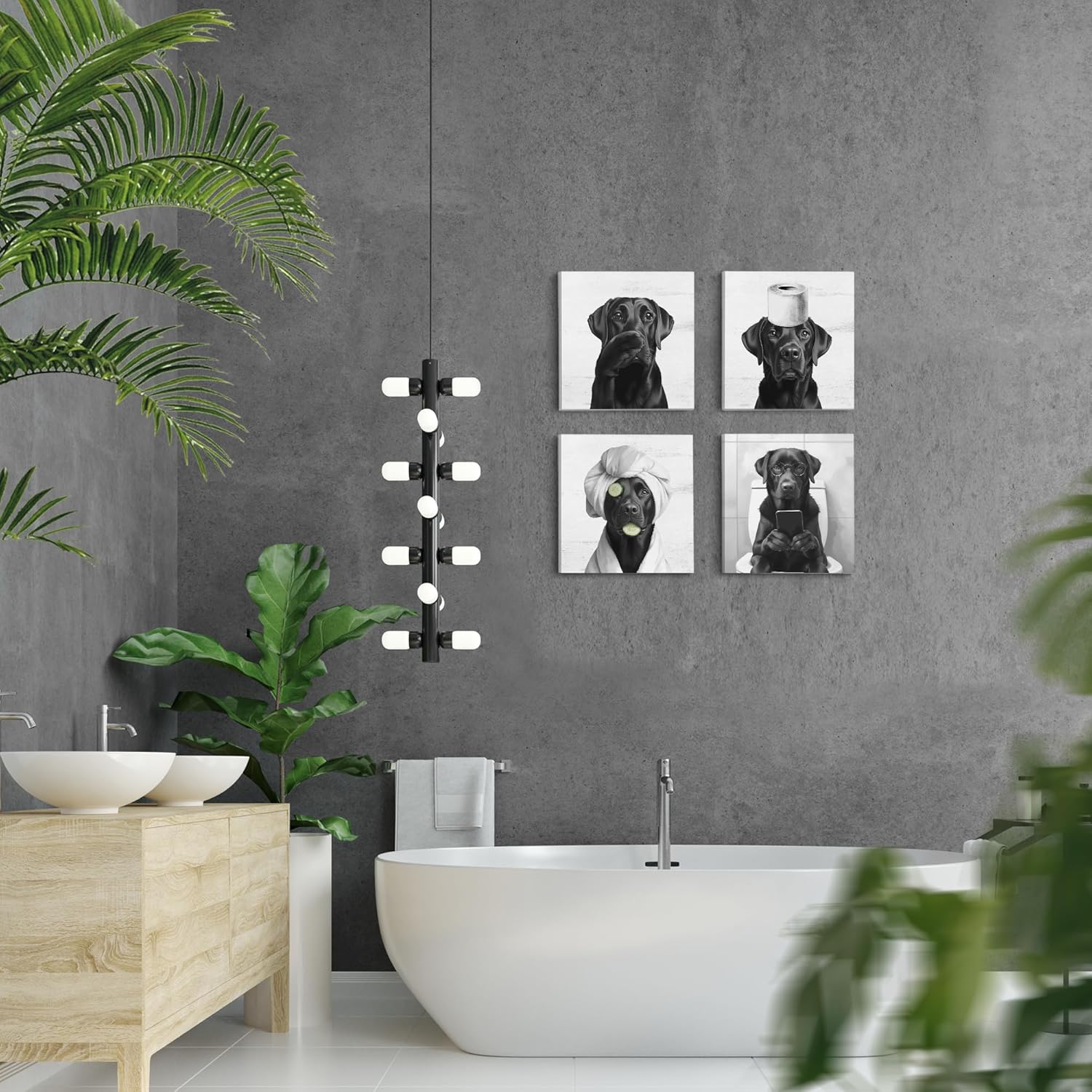 LUKIPOM Funny Black Labrador Retriever Bathroom Wall Art Canvas Prints Set of 4,Funny Black Lab Dog Wall Wall Art Posters for Bathroom Washroom Restroom Decor,8x8Inch Framed