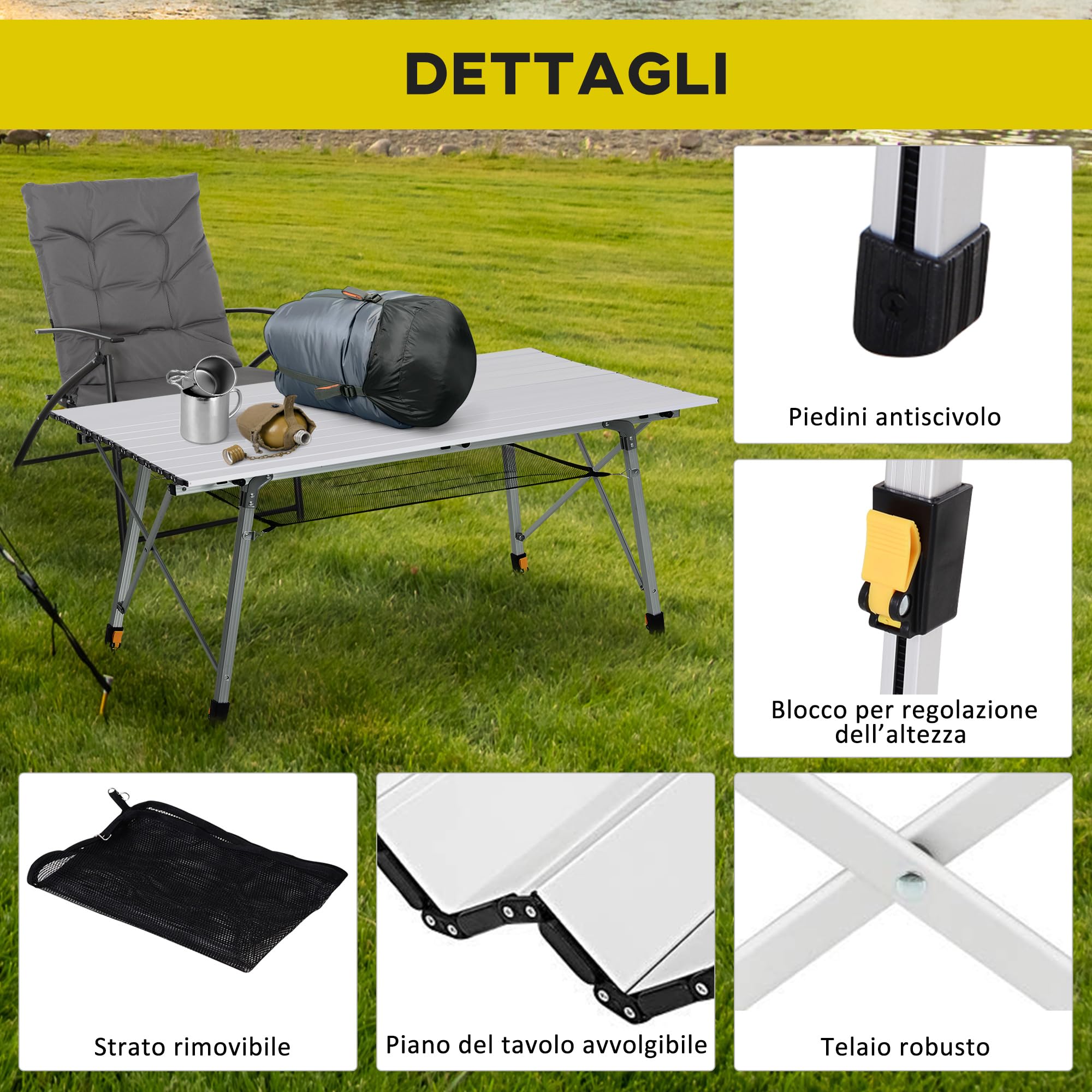 Outsunny Tavolo da Campeggio Pieghevole Multifunzione in Alluminio con Custodia e Altezza Regolabile Sostiene Fino 40 kg