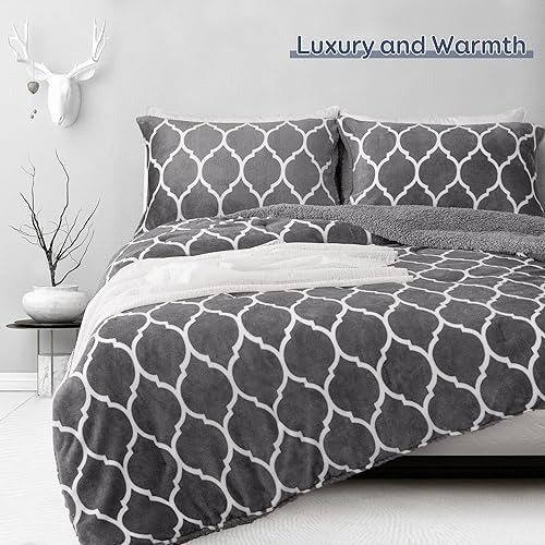 Miniatura 5 de Kaisa Juego de edredón de forro polar Sherpa tamaño Queen de 3 piezas, edredón reversible esponjoso y cálido para invierno con 2 fundas de almohada,