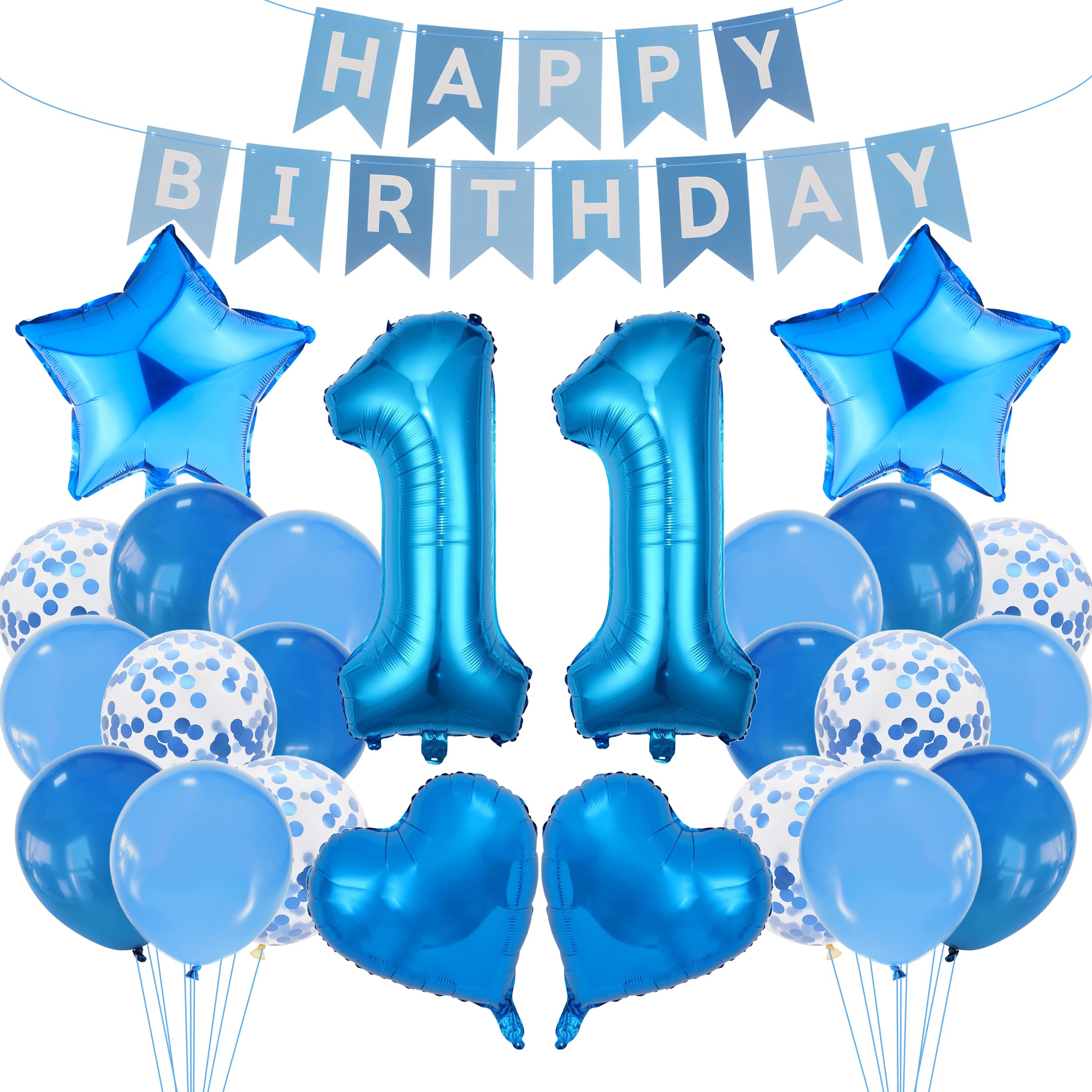 11th Birthday Decorations Set Blue Theme Happy Birthday Banner Bunting Balloon Decor Photo Backdrop for Boys Girls Tweens Party Supplies Celebration Decor Event Bundle Bunting Set Party Pack
