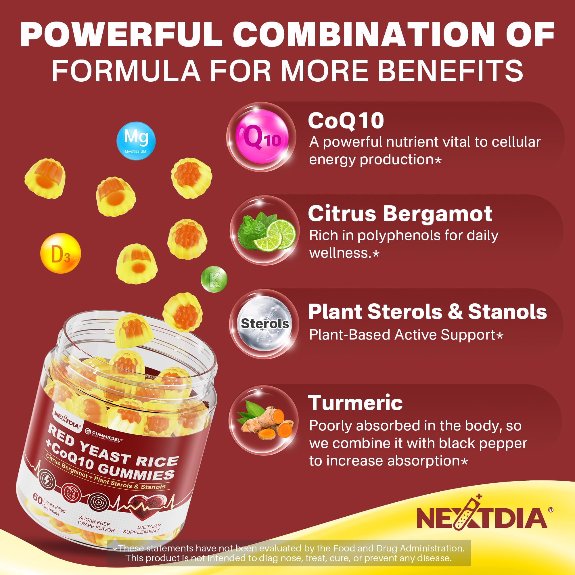 Red Yeast Rice Gummies with CoQ10 for Ages 50+, Sugar Free, Vegan, 60 Cts — Amazon image 5