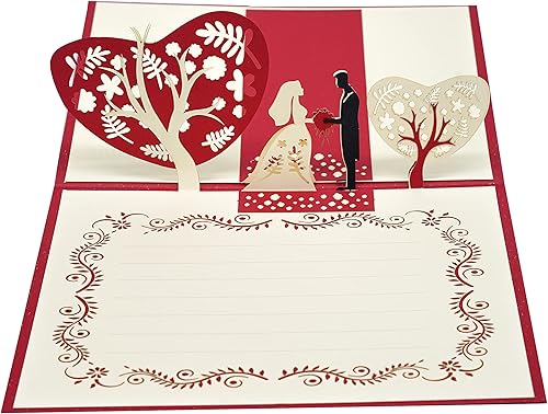 Miniatura 4 de createreedo Tarjeta desplegable de boda, tarjetas de felicitación 3D hechas a mano con diseño romántico de novia y novio, para fiesta de boda,