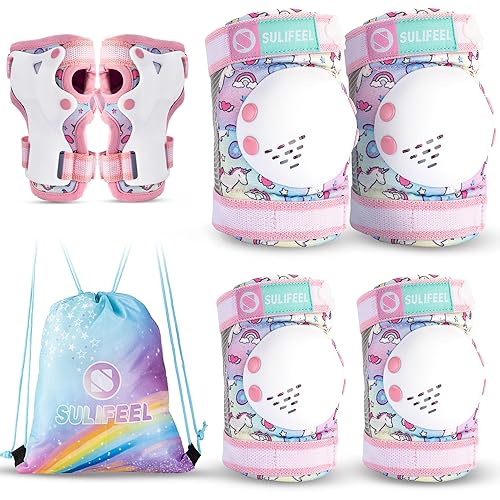 Miniatura 11 de SULIFEEL Rodilleras de arcoíris y unicornio para niños, rodilleras, coderas, muñequeras con bolsa de cordón, juego de equipo protector ajustable