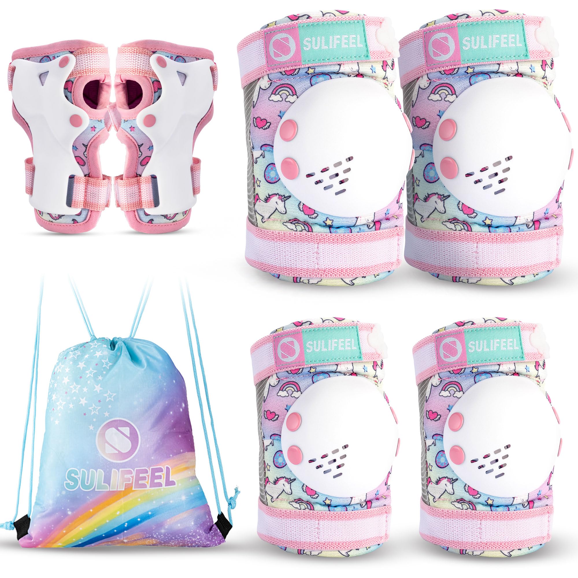 SULIFEEL Rainbow Unicorn Knee Pads for Kids Knee Elbow Pads Wrist Guards with Drawstring Bag Adjustable Protective Gear Set for Girls Roller Skating Bike Cycling Skateboard Scooter