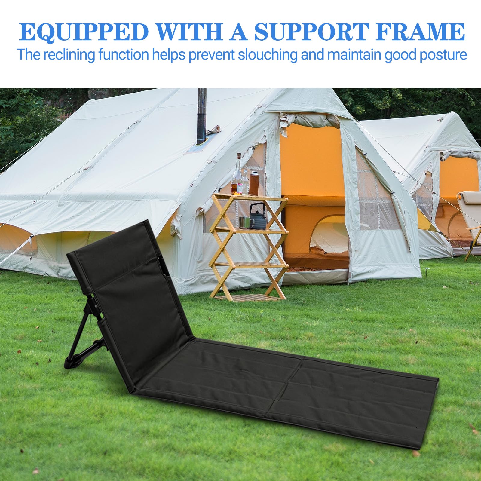 Strandmatte mit Rückenlehne, Klappbare Liegematte mit Rückenlehne, Strandliege Faltbar Leicht, Strandsitz mit Aufnahmebeutel, Bodenstuhl Outdoor für Camping, Strand, Reisen (Schwarz, Lange)