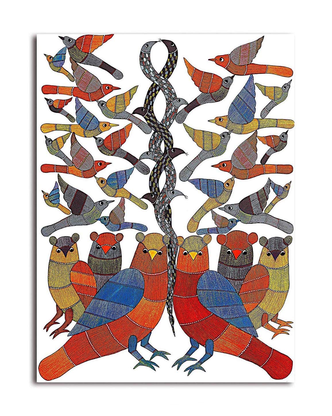 Tamatina Gond Art Canvas Painting|Beautiful Birds|Art Indian Art|Size-13X10 Inches.q4