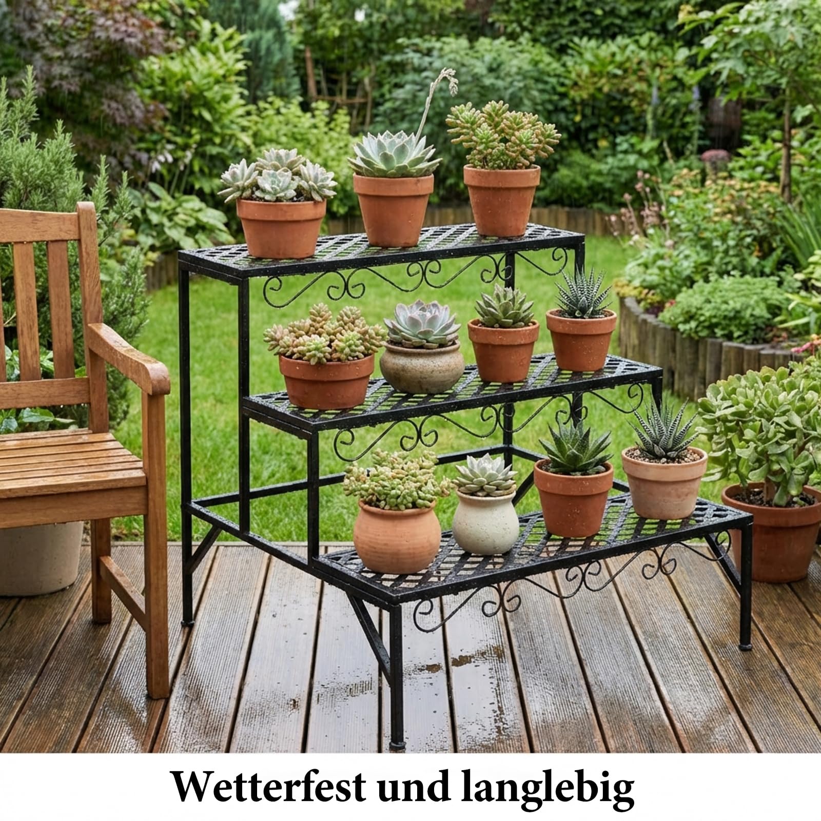 3-stöckige Metall Blumentreppe, Pflanzentreppe für Balkon Garten Wohnzimmer, wetterfestes Blumenregal als Deko, 70x60x60cm Schwarz