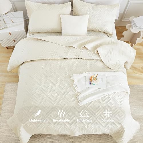 Miniatura 3 de Andency Juego de edredón de 3 piezas tamaño California King, color beige, ropa de cama de verano suave y ligera, con patrón geométrico clásico color