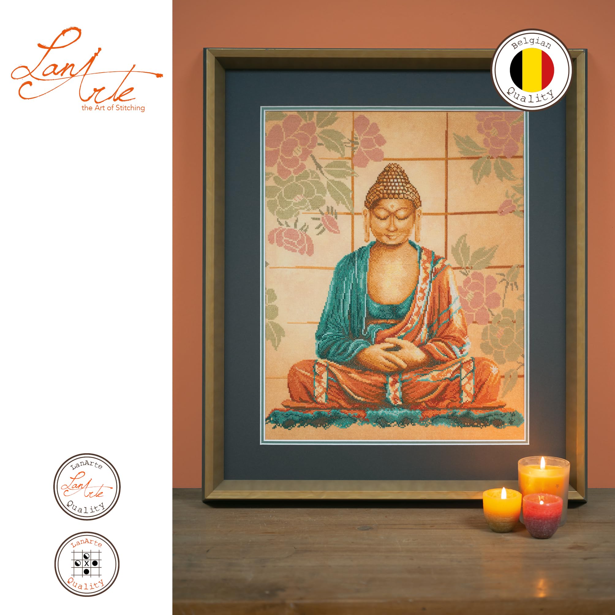 LANARTE Haft Krzyżykowy Liczony Zestaw Obraz do Haftu BUDDA Zrób to Sam Zestaw Kreatywny dla Dorosłych Rękodzieło Artystyczne 39 x 49 cm Dekoracja Ścienna DIY Cross Stitch Kit