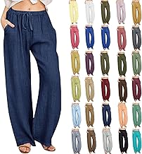 KUIH Womens Trousers Summer Casual Linen Trousers Drawstring Elastic Waist Long Pants Women Straight Wide Leg Lounge Pants High Waisted Palazzo Loose Fit Ladies Bottoms