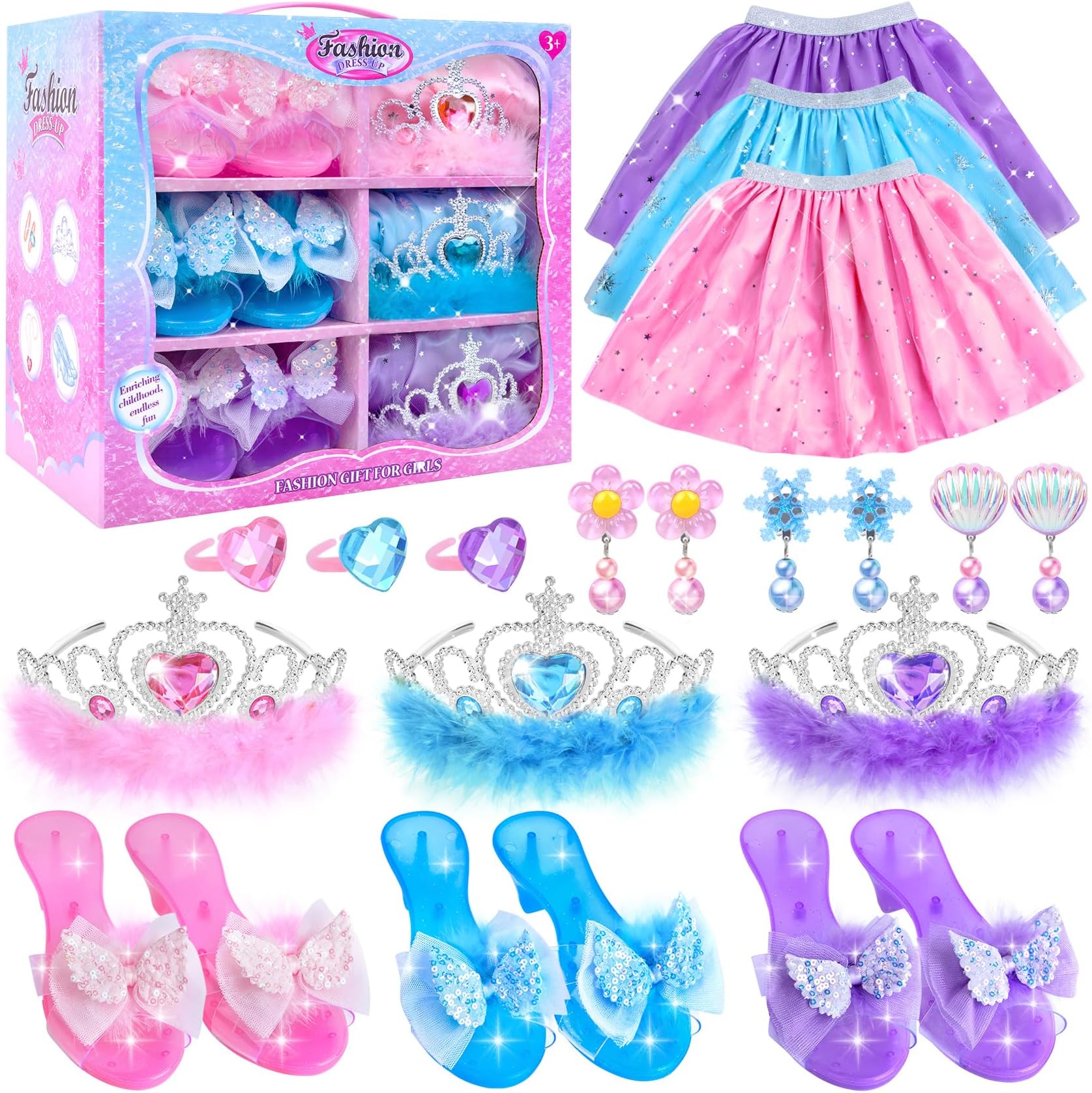 Princess Dress Up for Girls 4-6, Role Pretend Play Princess Costume Set with Princess Dresses, Shoes, Crowns, Jewelry, Princess Toys for 3 4 5 6 Year Old Girl Birthday Gift