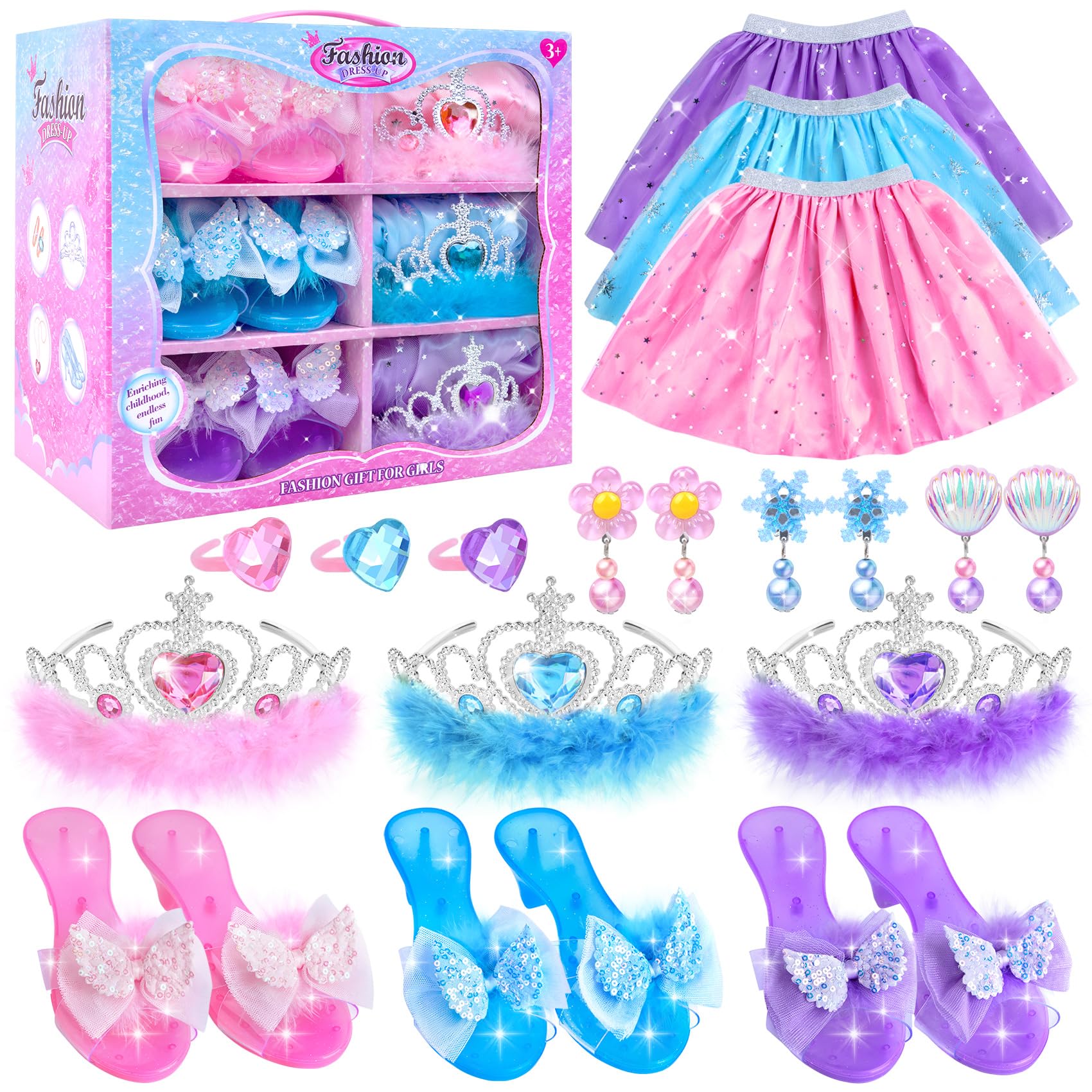 Princess Dress Up for Girls 4-6, Role Pretend Play Princess Costume Set with Princess Dresses, Shoes, Crowns, Jewelry, Princess Toys for 3 4 5 6 Year Old Girl Birthday Gift