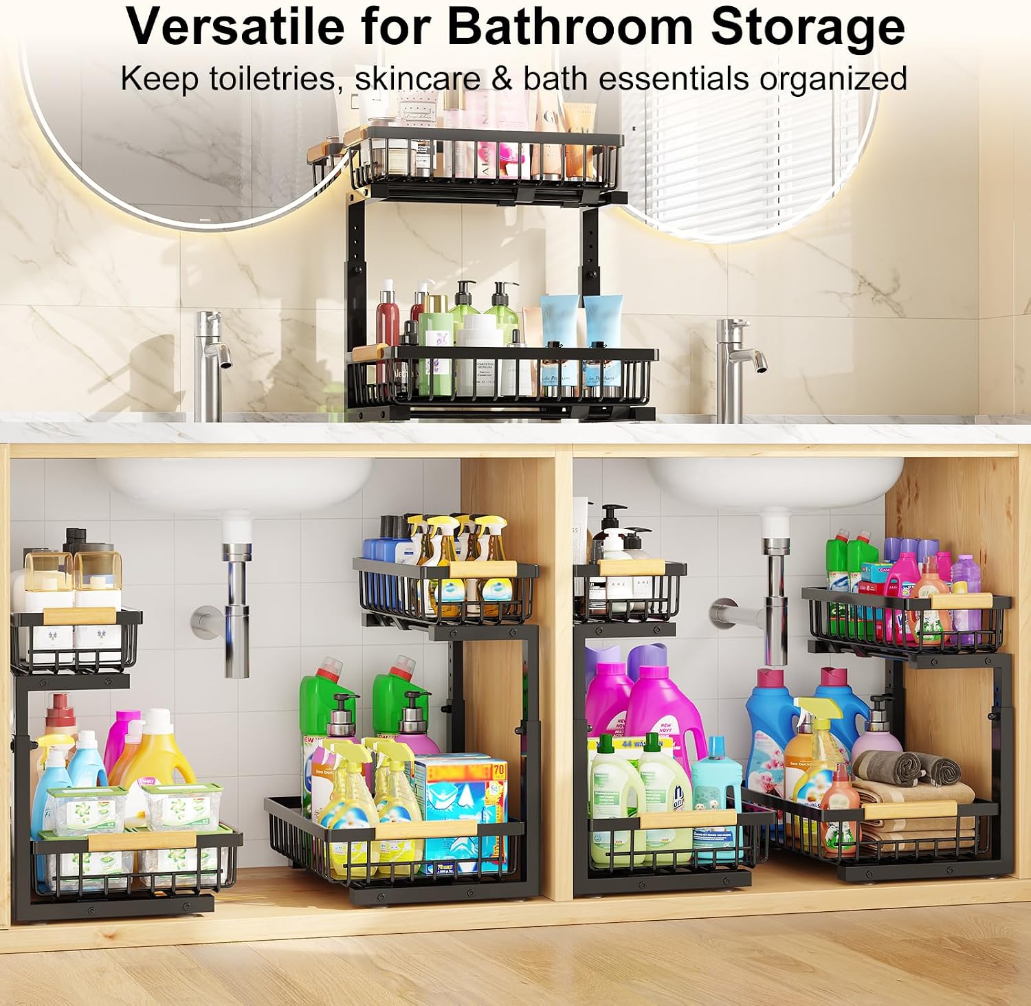 Under Sink Organizer 2 Pack, Adjustable Height 2-Tier Pull Out Cabinet Organizers, Heavy Duty Metal Slide Out Drawers, Under the Sink Organization and Storage Shelf for Kitchen Bathroom Pantry, Black