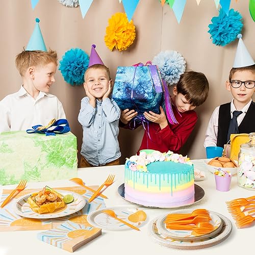 Miniatura 10 de G1ngtar Juego de vajilla bohemia para fiesta de sol, 96 piezas, incluye platos de papel, servilletas, tenedores amarillos, primer viaje alrededor