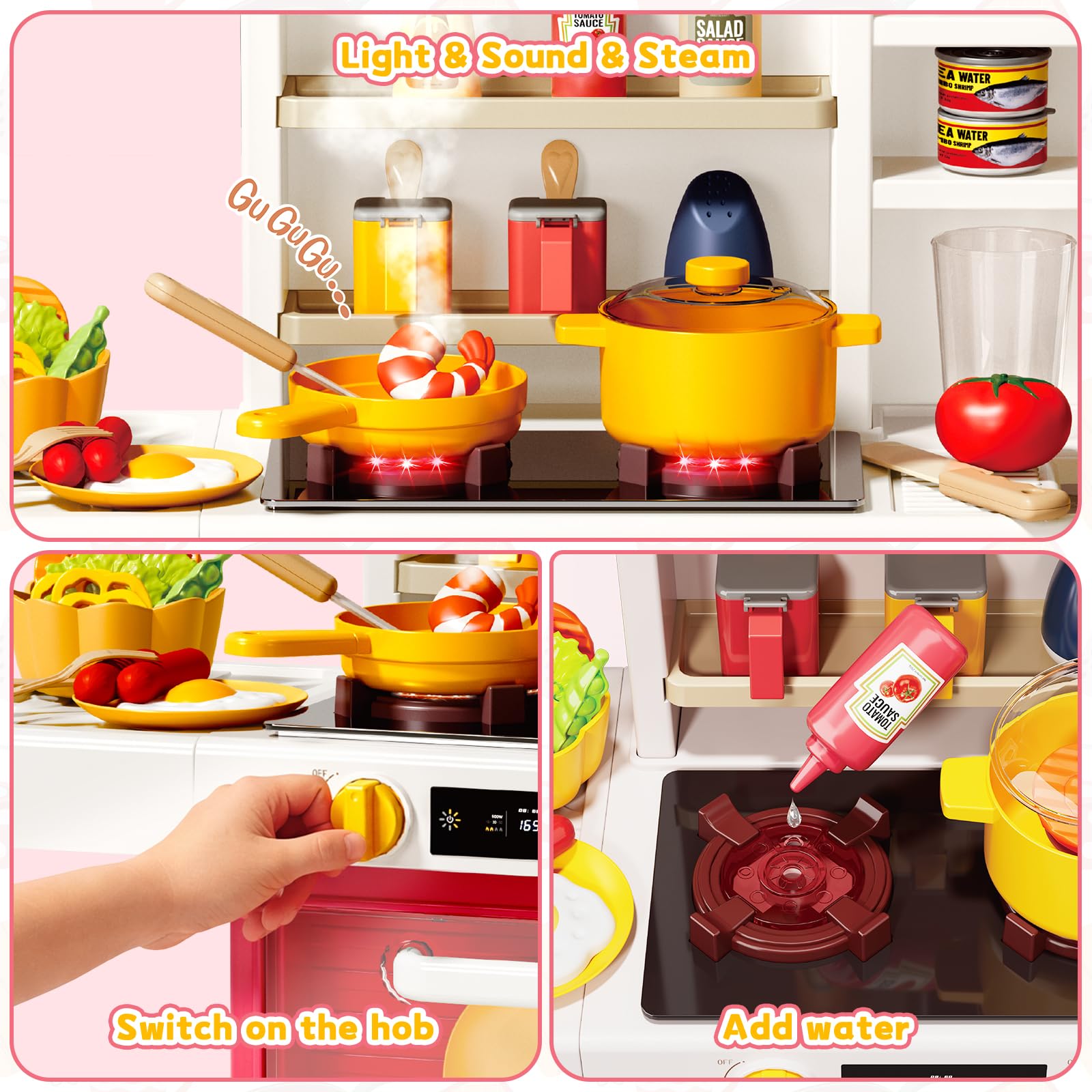 deAO Cucina Giocattolo per Bambini, 69 Pezzi con Luci, Suoni Cottura, Effetto Fiamma, Funzione Acqua con Vaporizzatore e Rubinetto, Fornello e Forno – Regalo 3+ anni(rosso)