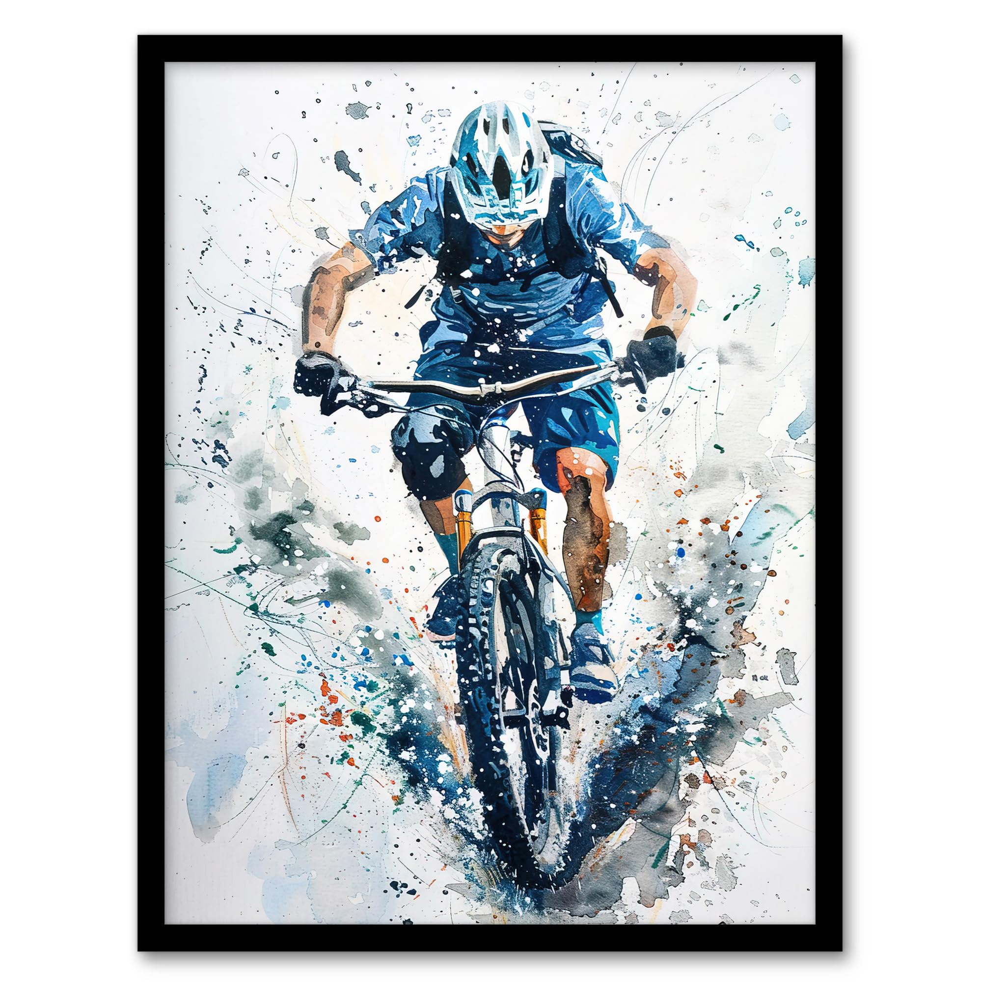 Artery8 Mountain Biker Action Shot Paint Splat Portrait Man Cave Artwork Framed Wall Art Print A4