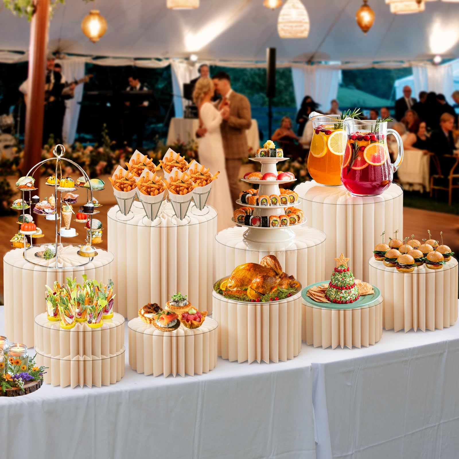10 Stück faltbare Buffet-Erhöhungen, Lebensmittel-Erhöhungen, Präsentationsständer für Buffettisch, 5 Höhen, zylinderförmige Kuchenerhöhungen mit transparenter Acrylplatte, Desserttisch-Display-Set