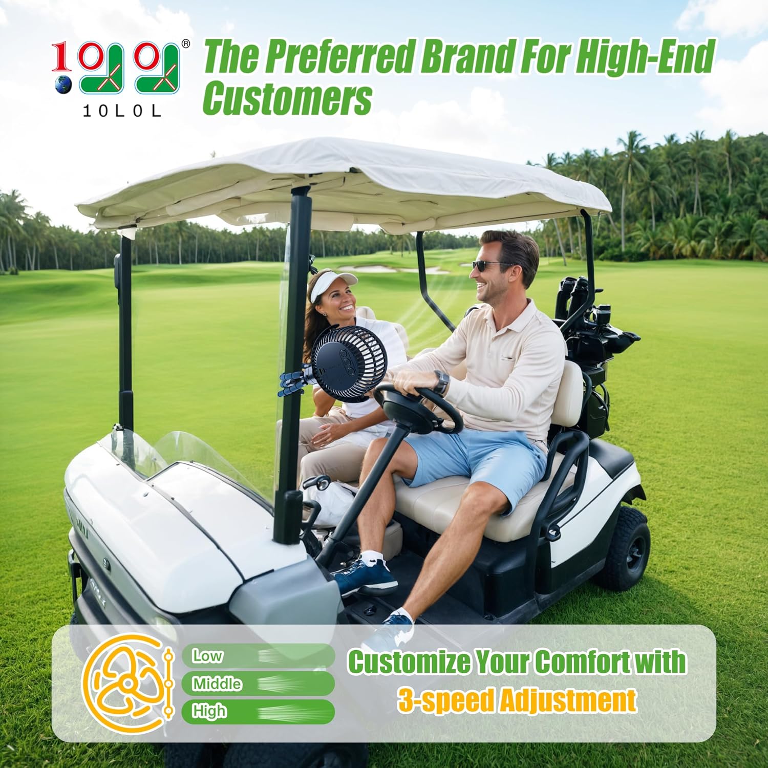 10L0L Golf Cart Fan - Universal Mount, 8000mAh Battery, 3-Speed Fan, LED Light, 56-Hour Runtime, Reverse Charging Function for Yamaha EZGO Club Car Golf Cart, Blue - Image 2